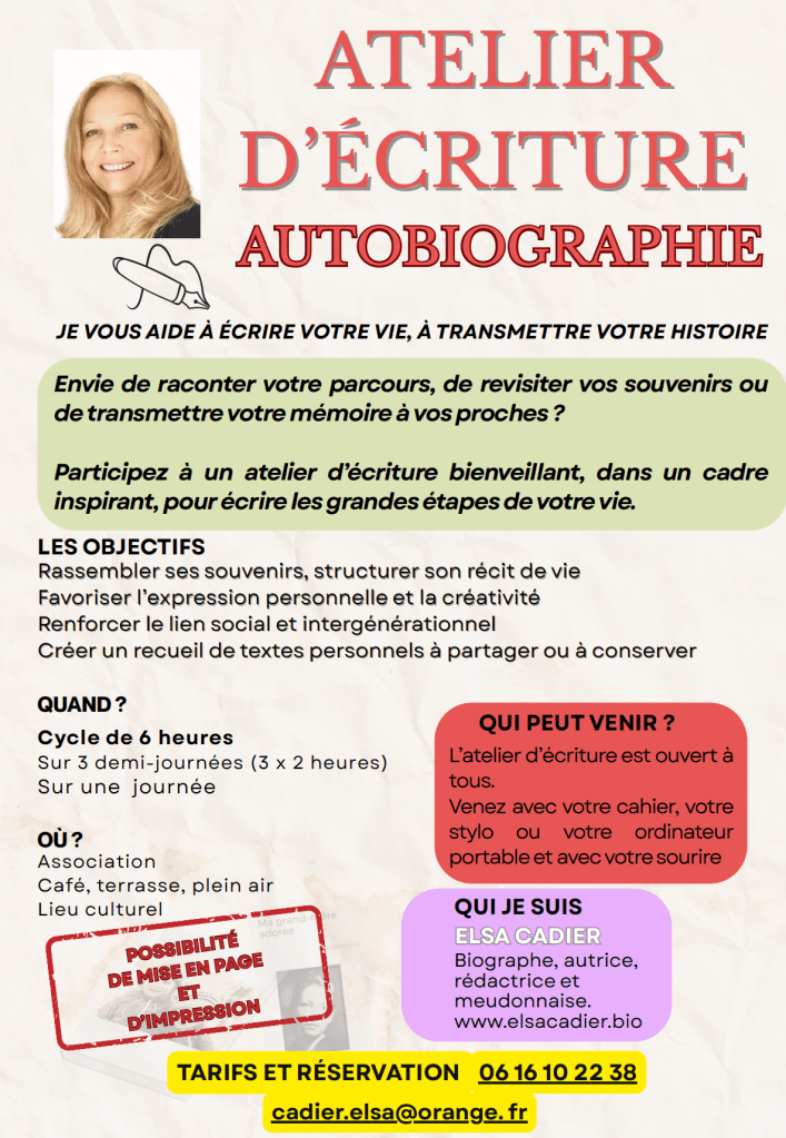 J'anime des ateliers d'écriture d'autobiographie en Île-de-France, dans les cafés, associations, lieux culturels, plein air. Je me déplace partout en France.
